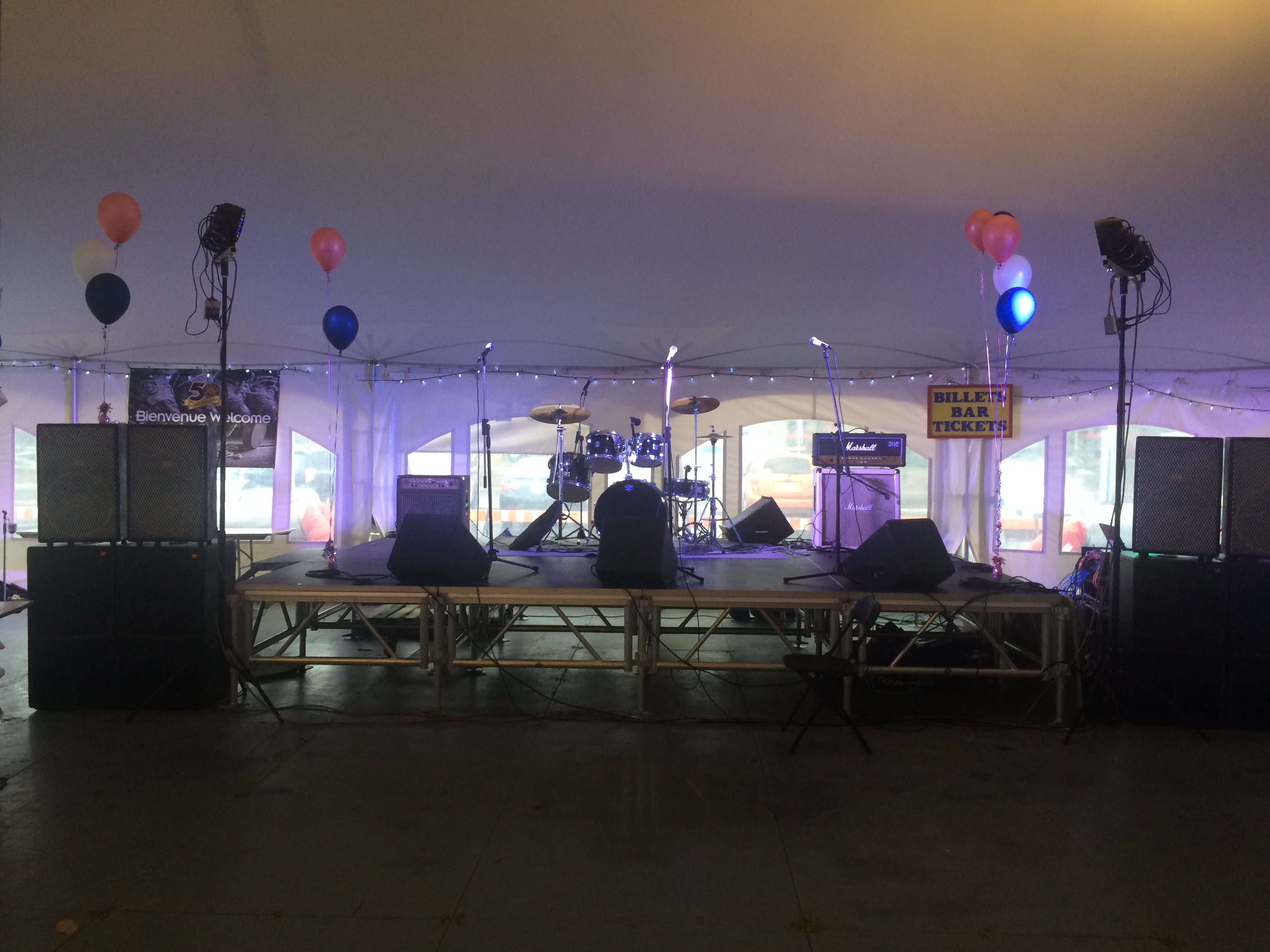 The band's equipment set up in the tent